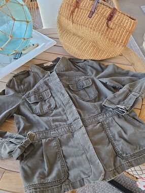 LOFT Green Twill Utility Jacket L Cotton Button Up Trendy Fall Soft Mandarin L